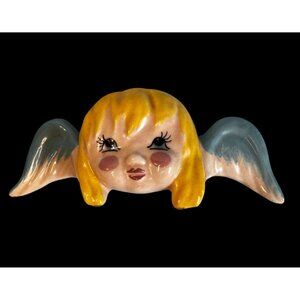 Vintage Angel Wall Pocket Blonde Hair Blue Wings Ceramic 9 Inch Japan
